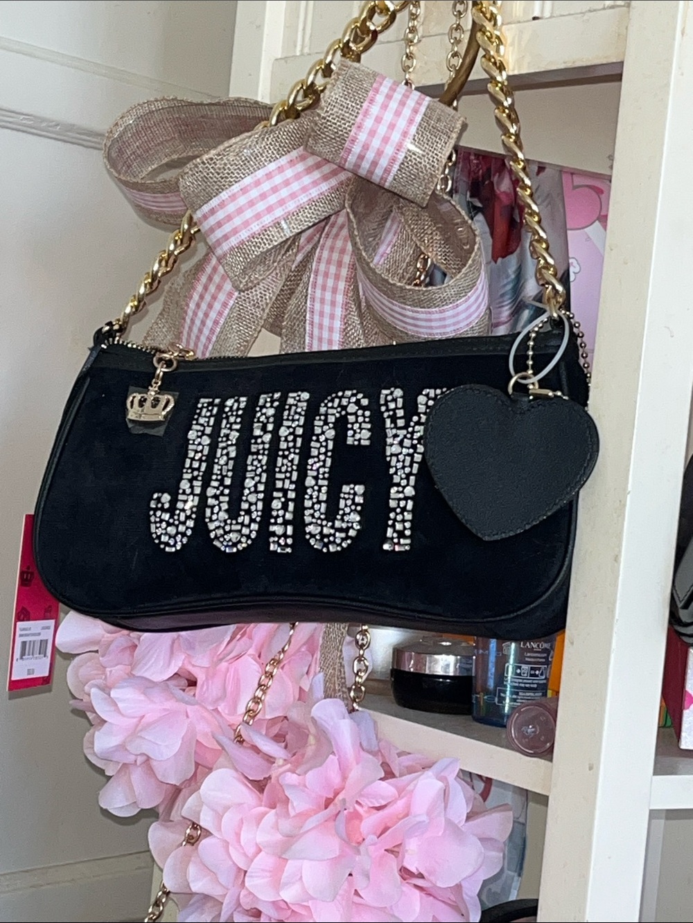 Juicy Couture Black Rhinestone Logo Mini Shoulder Bag with Heart Charm